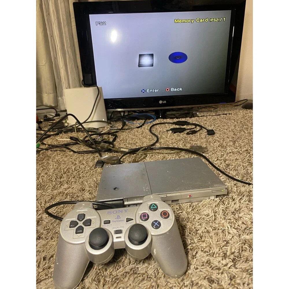 Sony Playstation 2 PS2 Slim Silver Console OEM Silver Controller Tested + memory